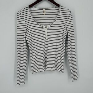 Pact Favorite Rib Henley Long Sleeve Top Size Medium White Black Striped Shirt